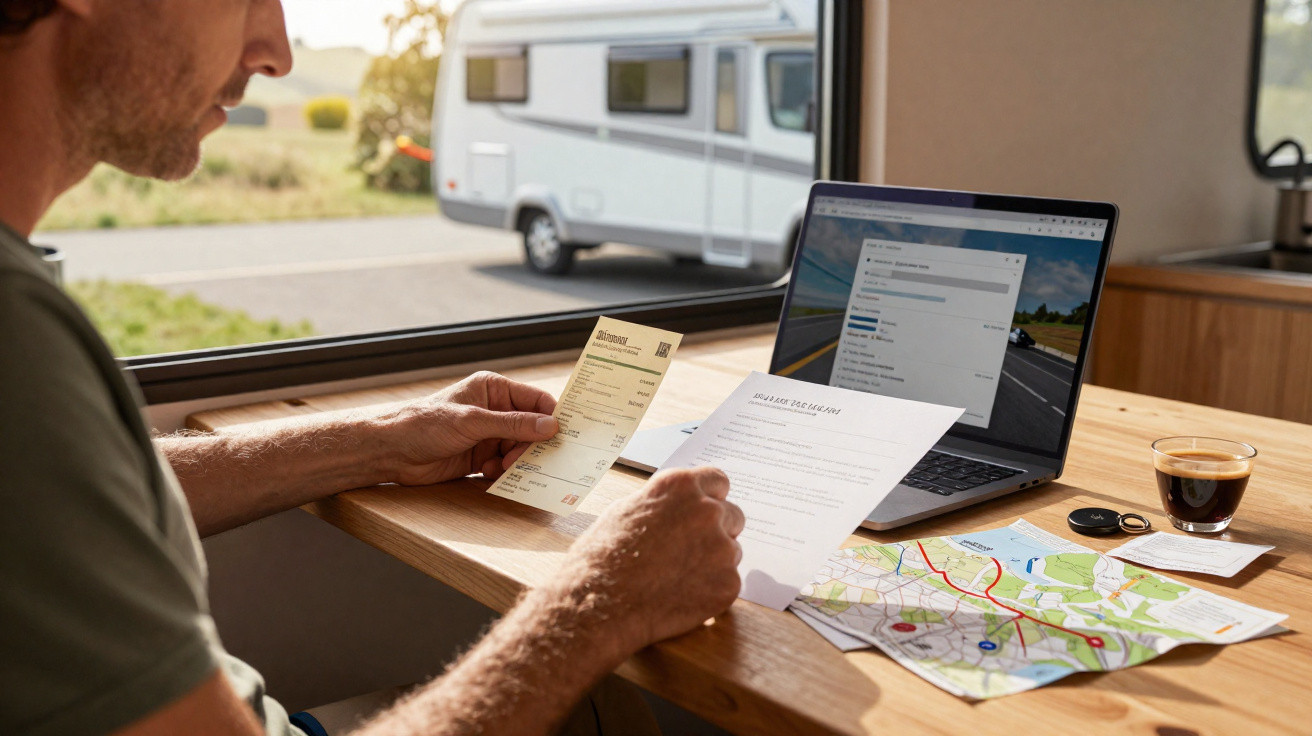 Mann sitzt im Wohnmobil, prüft Papiere am Tisch mit Laptop, Karte und Kaffee vor offenem Fenster mit Blick auf Wohnmobil.