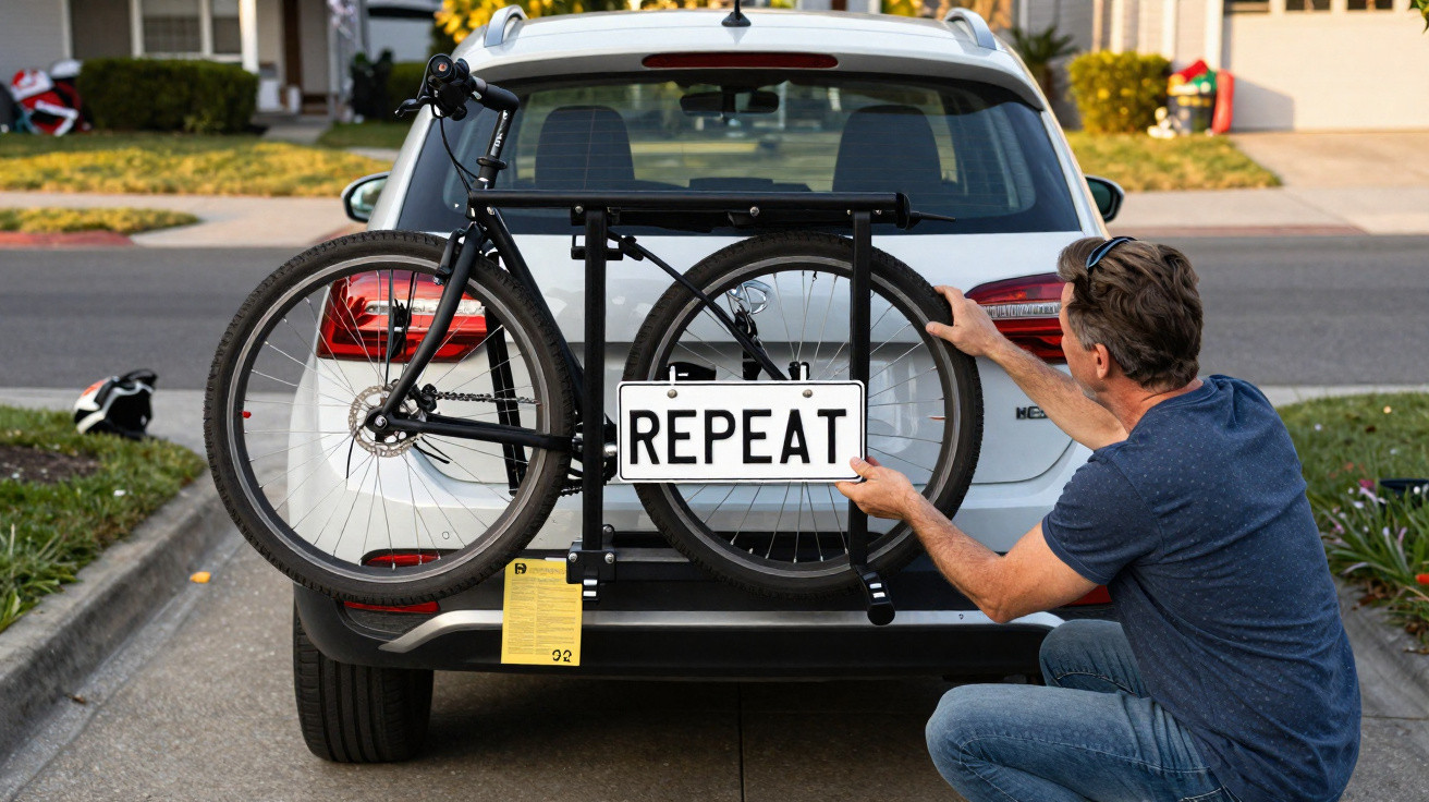 Mann befestigt ein Fahrrad mit Nummernschild "REPEAT" an der Heckklappe eines weißen Autos in Wohngegend.