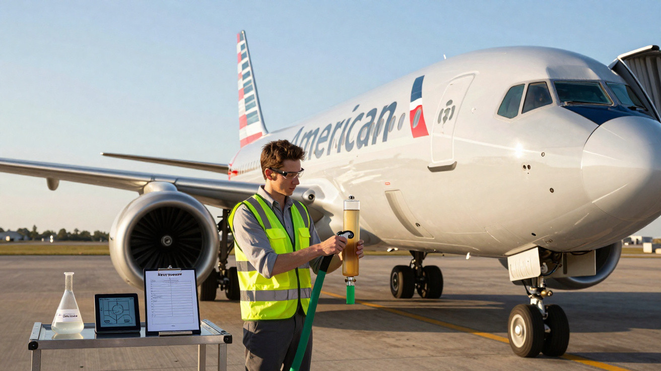 Mitarbeiter im Sicherheitsweste prüft Flugzeugtreibstoff vor American Airlines Flugzeug am Flughafen.