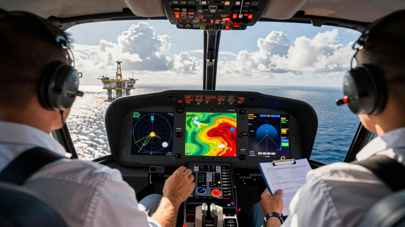 Blick aus dem Hubschrauber-Cockpit auf zwei Piloten und eine Offshore-Bohrinsel im Ozean bei bewölktem Himmel.