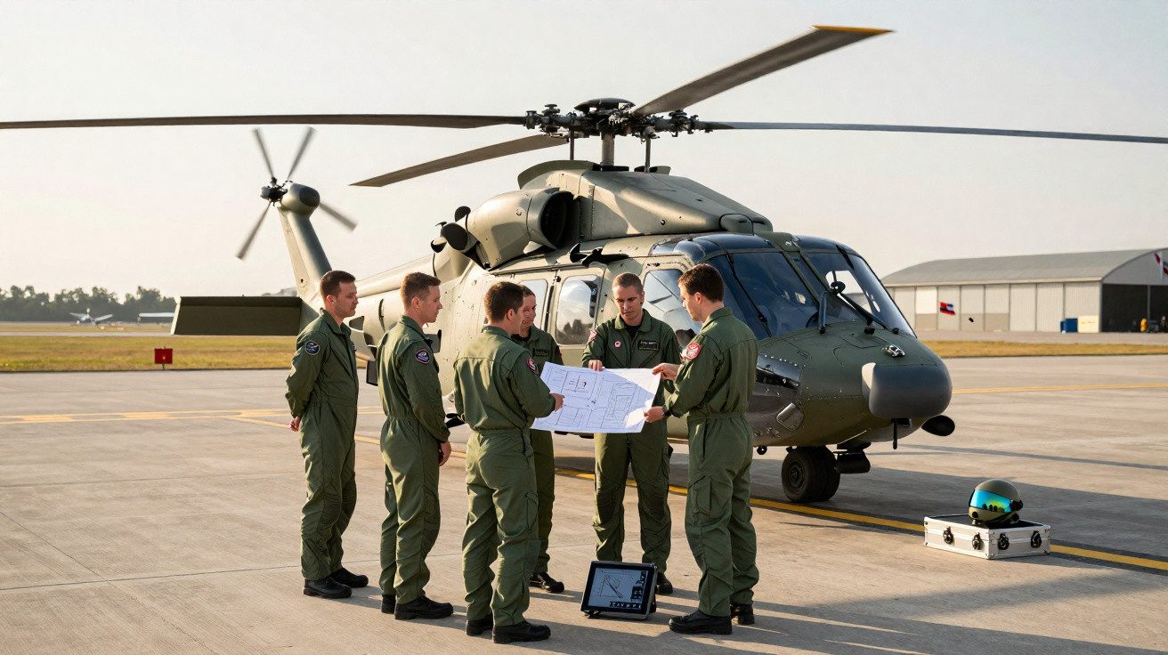 Sechs Soldaten in Uniform besprechen Flugpläne vor einem militärischen Hubschrauber auf einem Flugplatz.