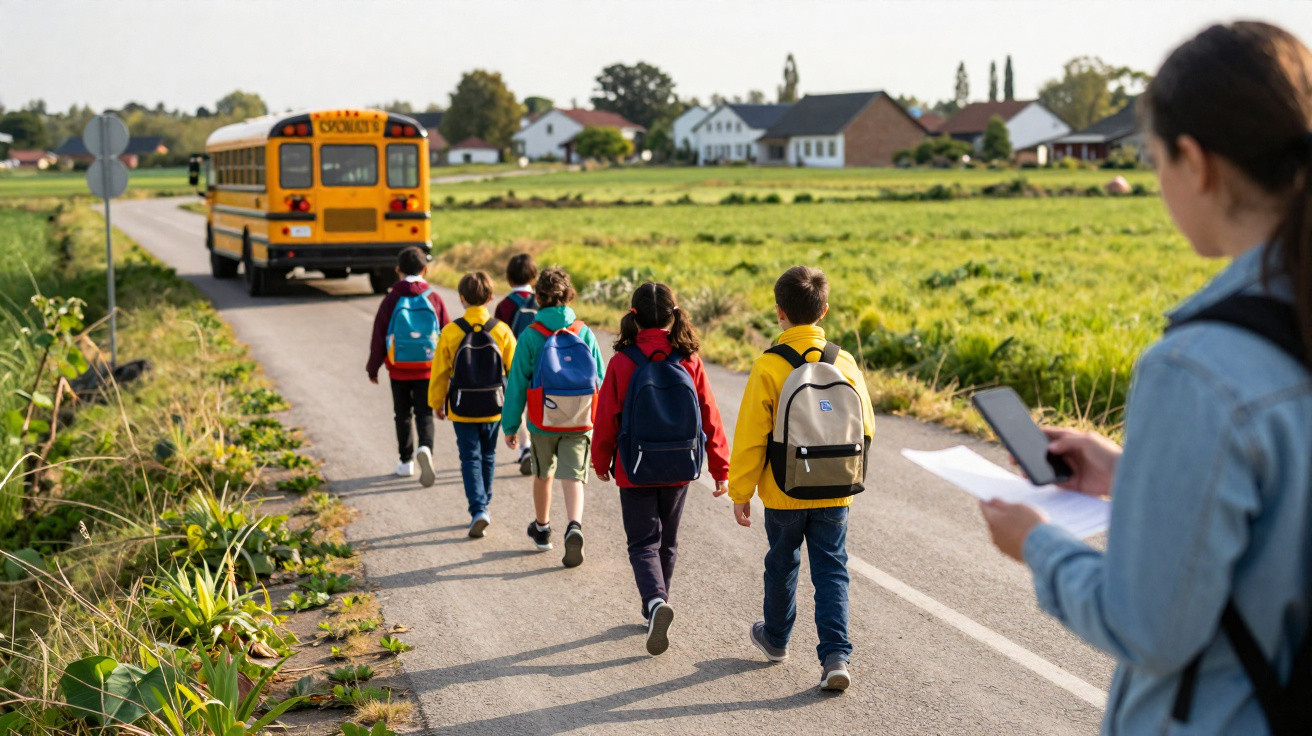 Schulkinder mit Rucksäcken gehen auf Landstraße zum gelben Schulbus, Erwachsene mit Smartphone beobachtet.