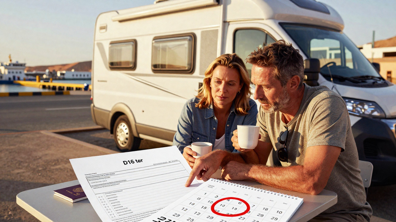 Paar sitzt im Urlaub vor Wohnmobil an Tisch, plant Reise mit Kalender und Dokumenten bei Sonnenuntergang.
