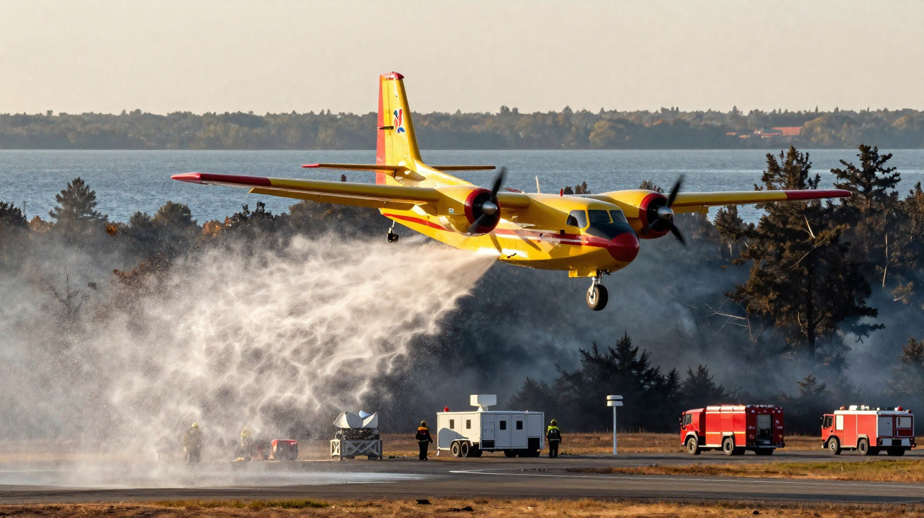 Gelbes Löschflugzeug wirft Wasser auf eine Brandübung auf dem Flughafengelände.