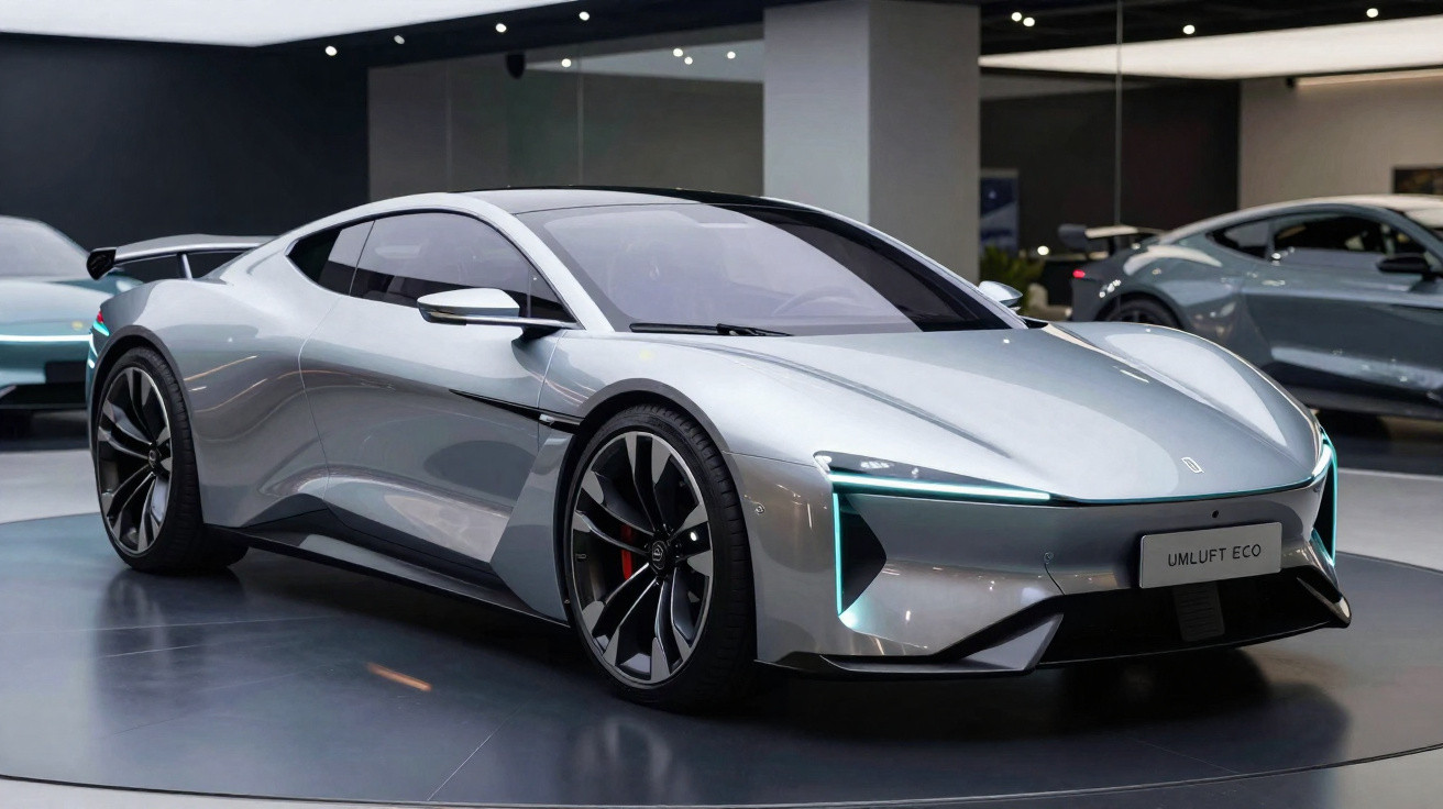 Silberner, futuristisch designter Sportwagen mit markanter Frontbeleuchtung in moderner Ausstellungshalle.