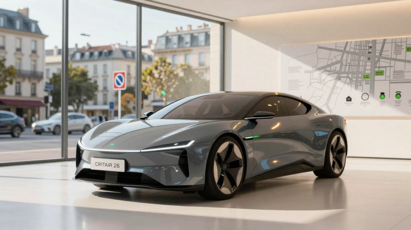 Elegantes graues Elektroauto Modell CRITAIR 26 in modernem Ausstellungsraum vor großen Fenstern.