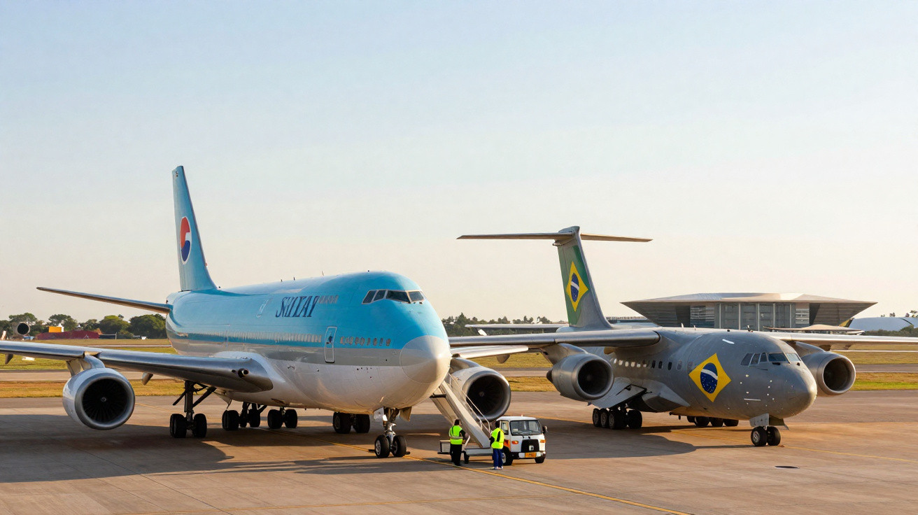 Zwei große Flugzeuge am Flughafen, eines in Blau-Weiß, das andere in Grau mit brasilianischer Flagge am Heck.
