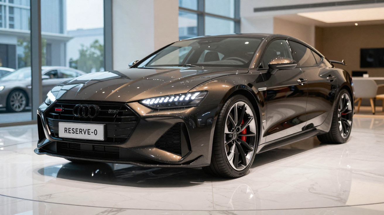 Schwarzes Audi RS e-tron GT Elektroauto in moderner Ausstellungshalle auf weißem Marmorboden.