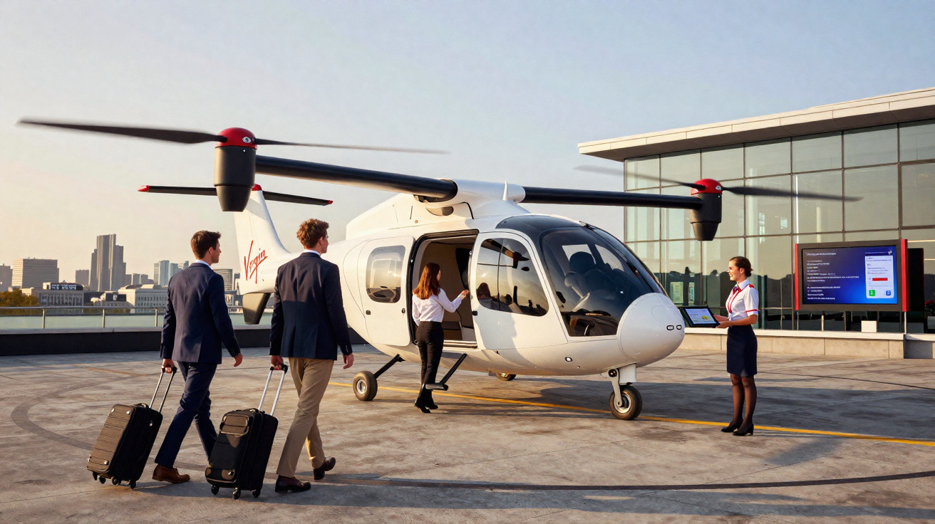 Personen mit Rollkoffern steigen neben einem modernen senkrecht startenden Virgin-Hubschrauber am Flughafen ein.