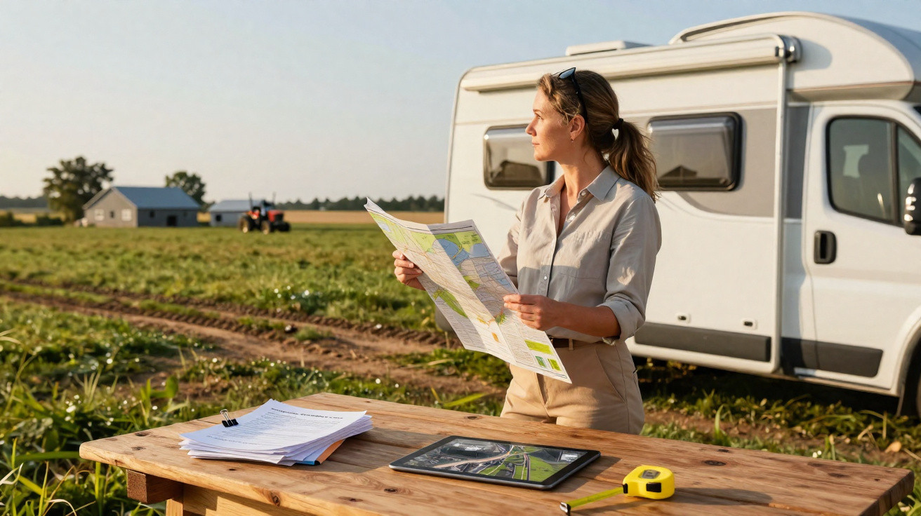 Frau steht mit Landkarte neben Wohnmobil auf Feld, Tisch mit Messgerät, Tablet und Papieren im Sonnenlicht.