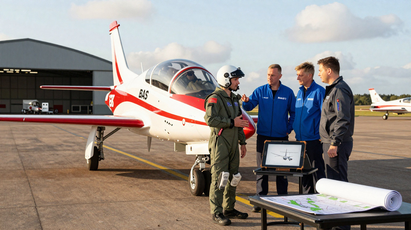 Vier Personen in Fliegerkleidung besprechen vor kleinem Trainingsflugzeug Pläne auf Rollfeld bei Sonnenschein.