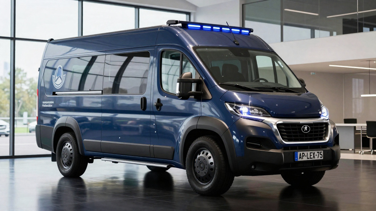 Blauer Transporter mit Blaulicht und amtlichem Kennzeichen parkt in moderner gläserner Halle.