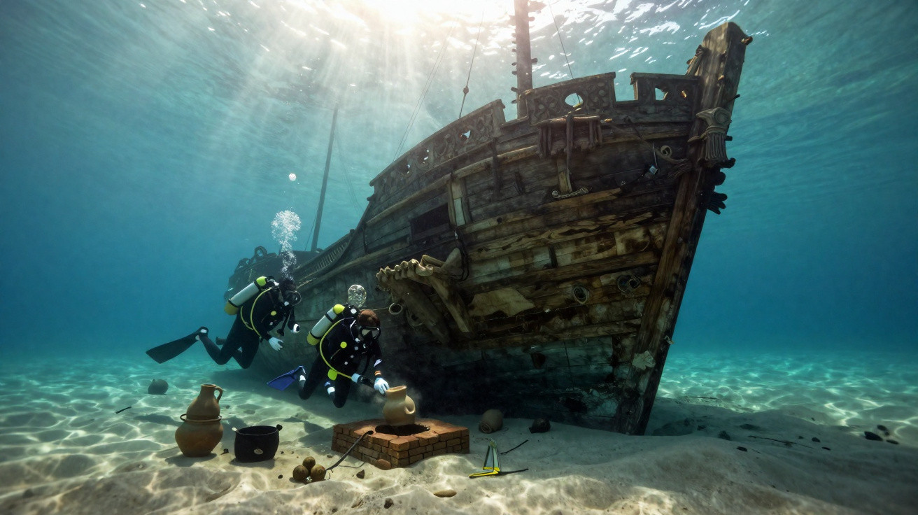 Taucher erkunden ein versunkenes Holzschiff mit antiken Tongefäßen auf sandigem Meeresboden.