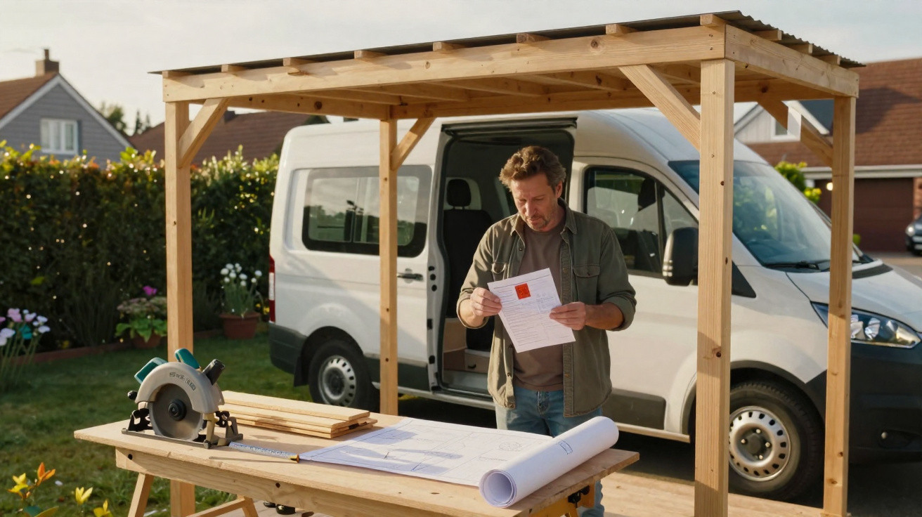 Mann prüft Bauanleitung neben Werkbank mit Holzkonstruktion vor weißem Lieferwagen im Garten.
