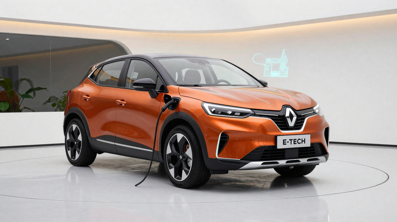 Oranger Renault E-TECH Elektro-SUV beim Laden in modernem, hellem Showroom.