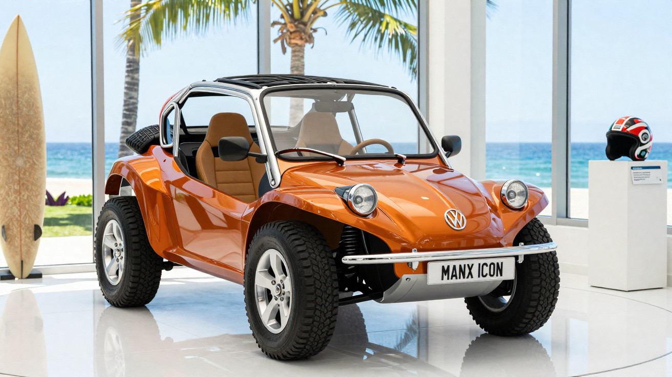 Oranger VW Buggy Manx Icon in hellem Raum mit Palmen, Surfbrett und Helm im Hintergrund.