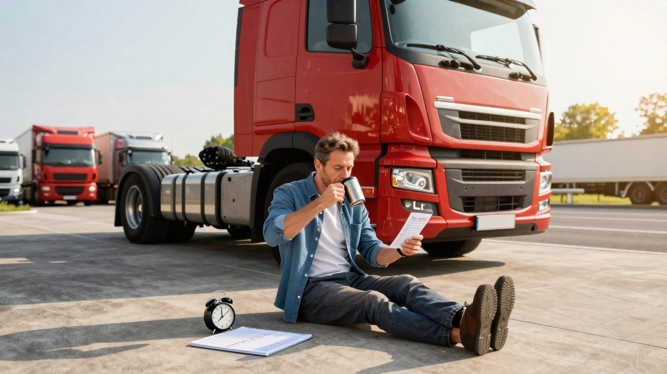 Ein Mann sitzt vor einem roten Lkw, trinkt Kaffee und liest ein Dokument auf einem Lkw-Parkplatz.