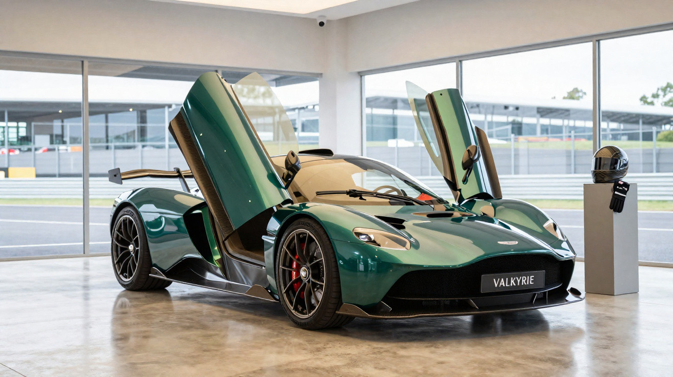 Grüner Sportwagen Aston Martin Valkyrie mit geöffneten Flügeltüren in moderner Ausstellungshalle.
