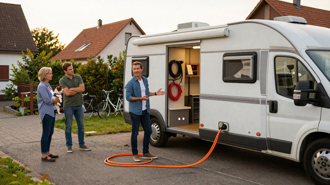 Drei Personen stehen neben einem weißen Wohnmobil, das mit einem orangen Kabel an Strom angeschlossen ist.