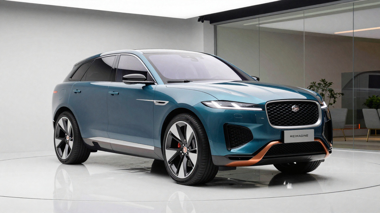Blaugrüner Jaguar E-Pace SUV steht in modernem, weißem Ausstellungsraum mit Glaswänden und Pflanzen.