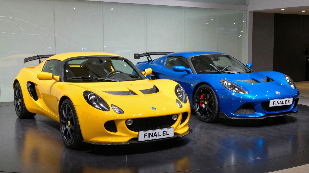 Zwei Sportwagen in Gelb und Blau mit Spoilern, Nummernschildern FINAL EL und FINAL EX, in einer modernen Ausstellung.