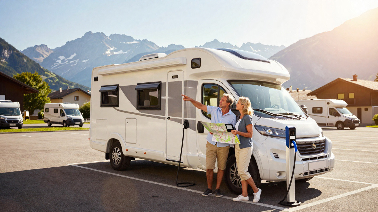 Paar mit Landkarte vor E-Auto-Wohnmobil an Ladestation in sonniger Berglandschaft.