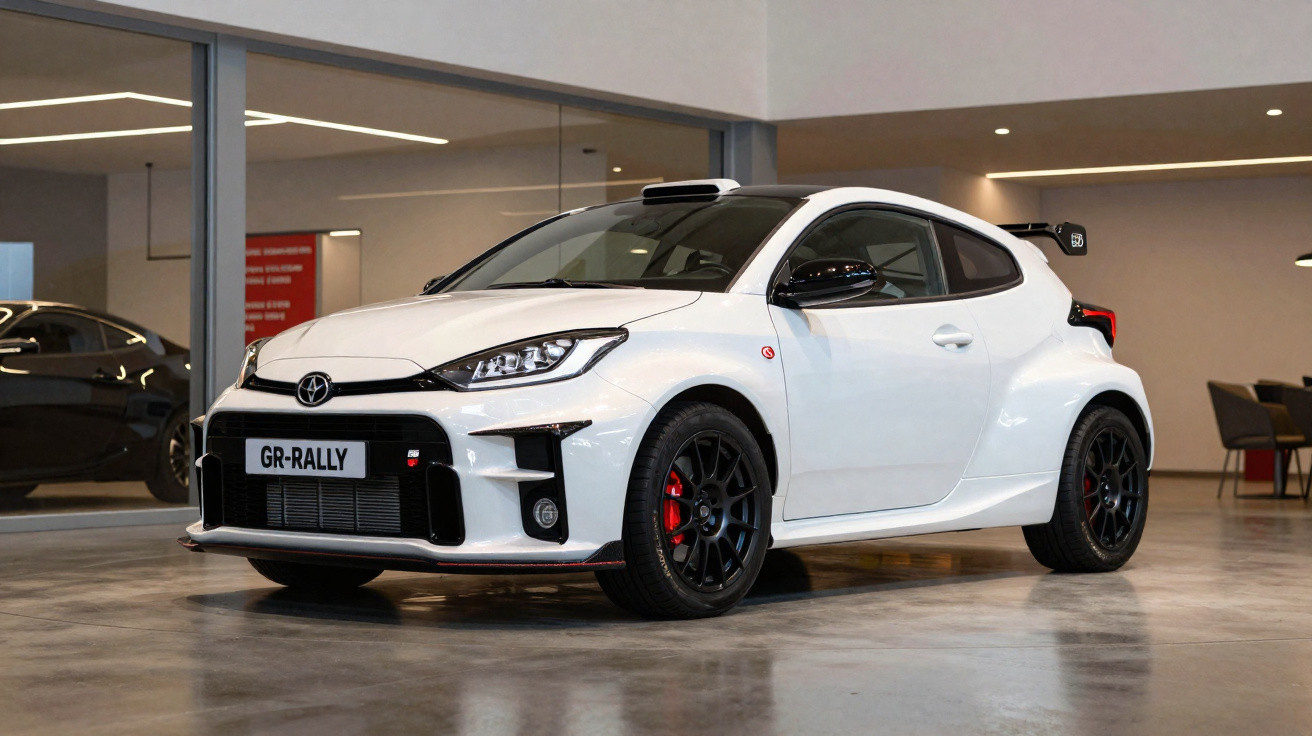 Weißer sportlicher Toyota GR Rally mit schwarzem Spoiler bei Innenraumbeleuchtung in Ausstellungshalle.