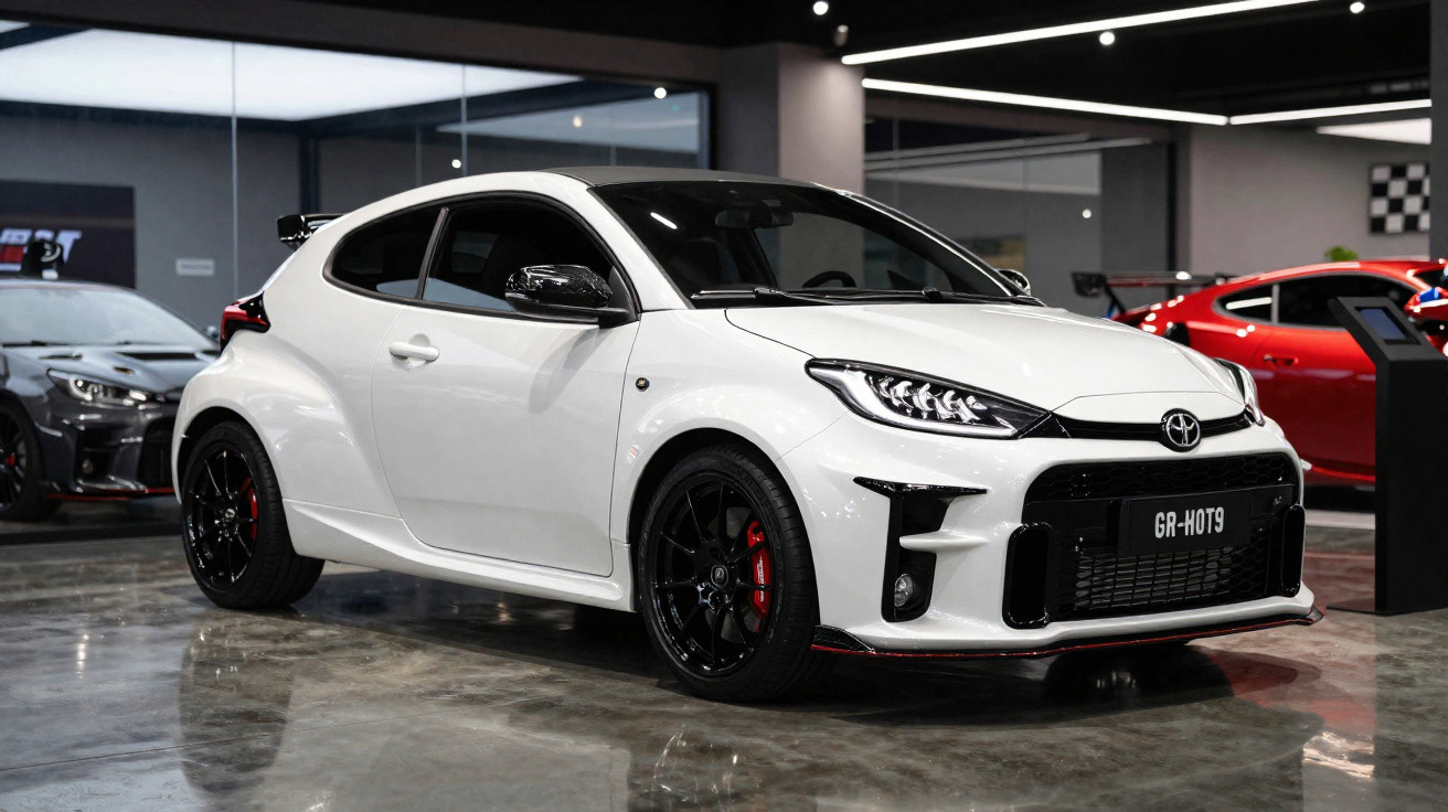 Weißer Toyota GR Yaris mit schwarzen Felgen in moderner Ausstellungshalle auf glänzendem Boden.