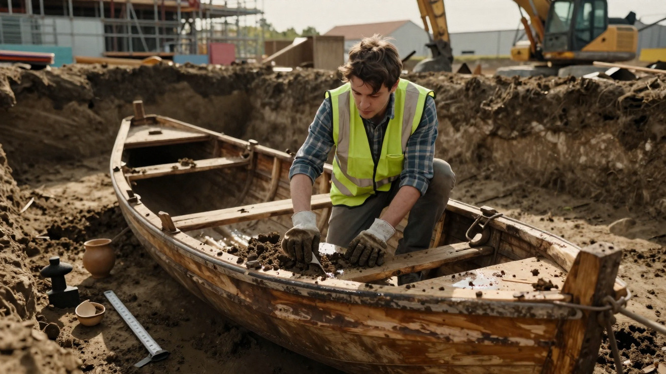 Archäologe untersucht alte Holzboot auf Ausgrabungsstätte mit Bagger im Hintergrund.
