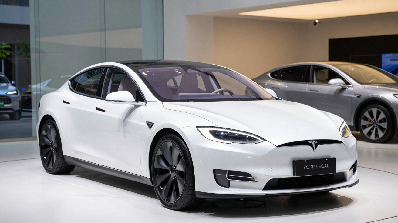 Weißer Tesla Model S mit schwarzen Felgen in einem modernen Autohaus neben einem silbernen Elektroauto.