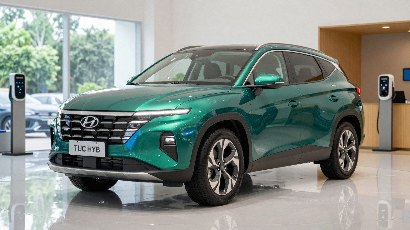 Grüner Hyundai Tucson Hybrid SUV steht in einem Autohaus neben Ladestationen auf glänzendem Boden.