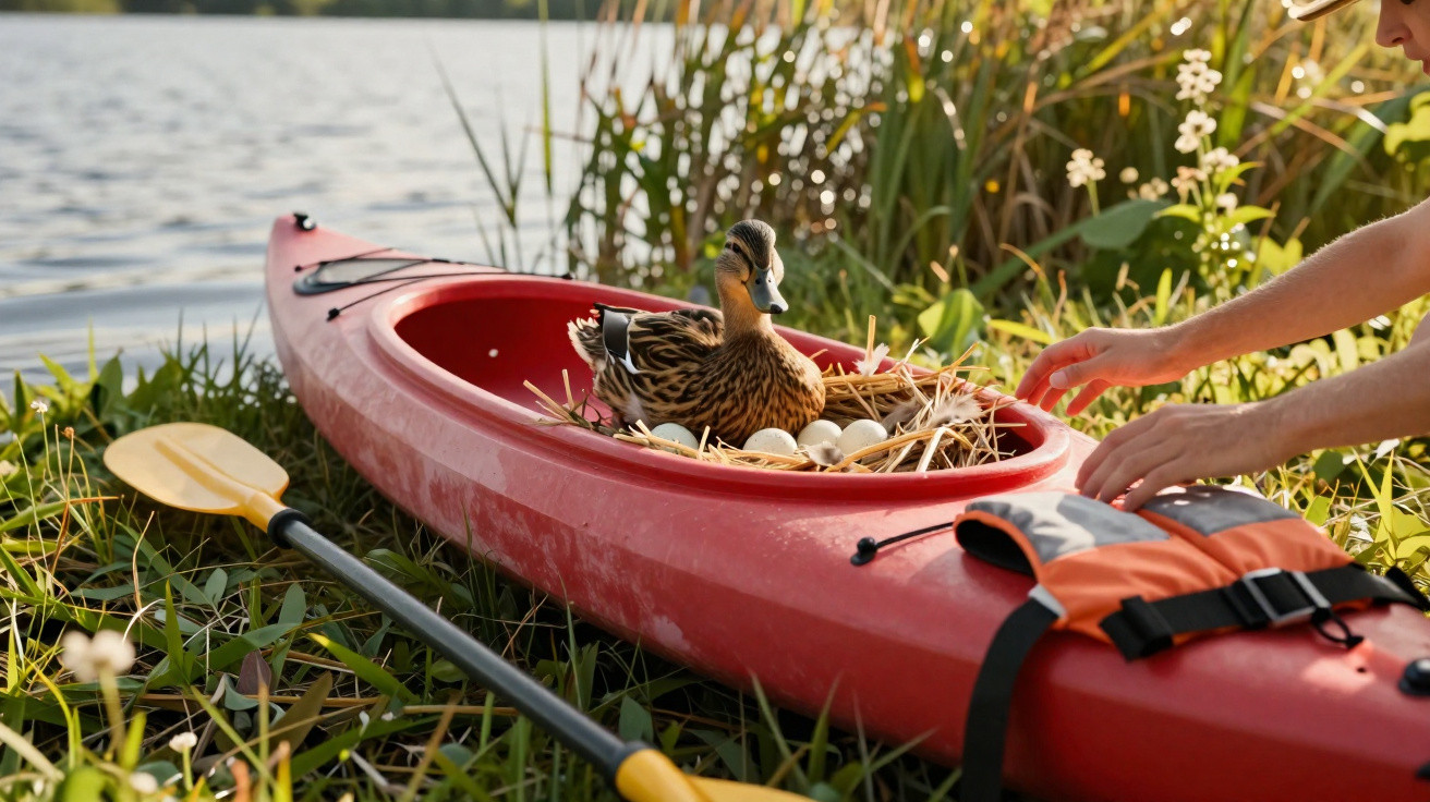 Ente sitzt in einem roten Kajak auf einem Nest mit Eiern, neben einer Person am Ufer eines Sees.