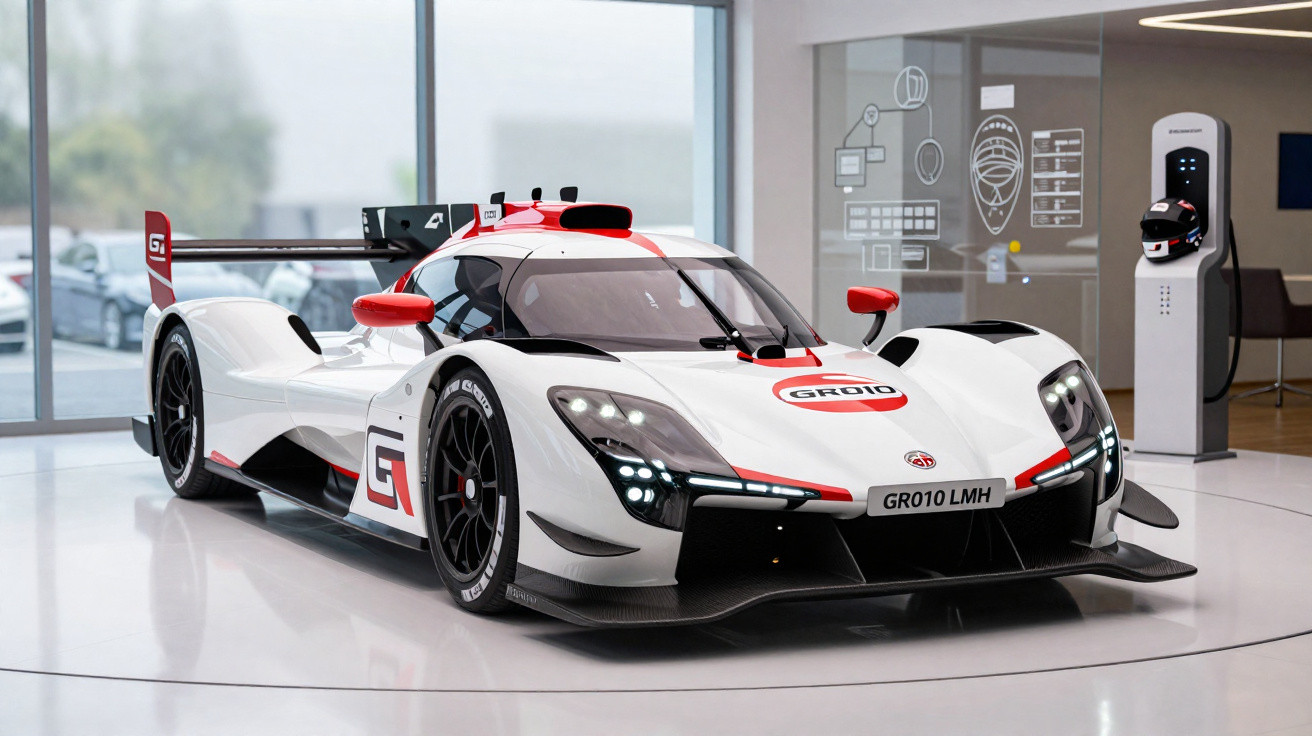 Weiß-rotes Le-Mans-Rennen Fahrzeug im Showroom mit elektrischer Aufladestation und Helmen im Hintergrund.