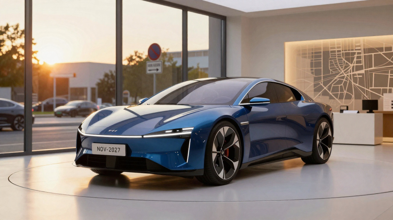 Blauer futuristischer Elektro-Sportwagen im Showroom mit großer Glasfront und Sonnenuntergang im Hintergrund.