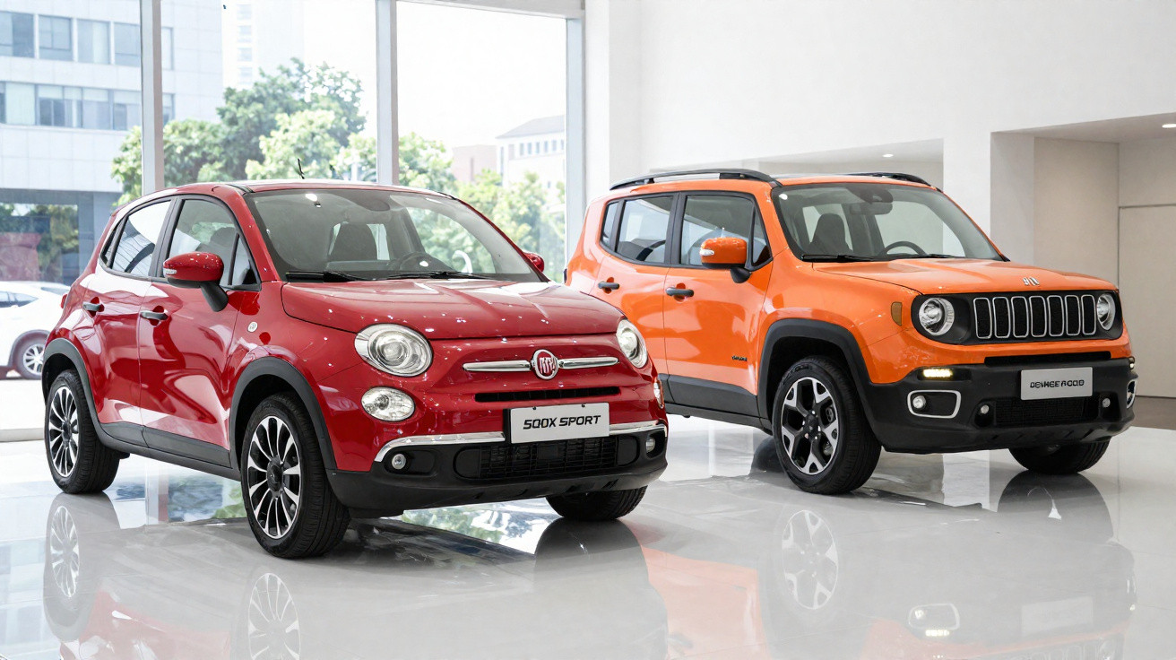 Roter Fiat 500X Sport und orangefarbener Jeep Renegade nebeneinander in einem weißen Autohaus.