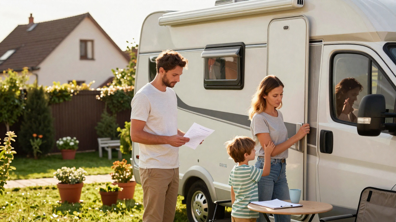 Familie bereitet sich im Garten auf Campingreise vor, steht neben Wohnmobil und liest Dokumente.