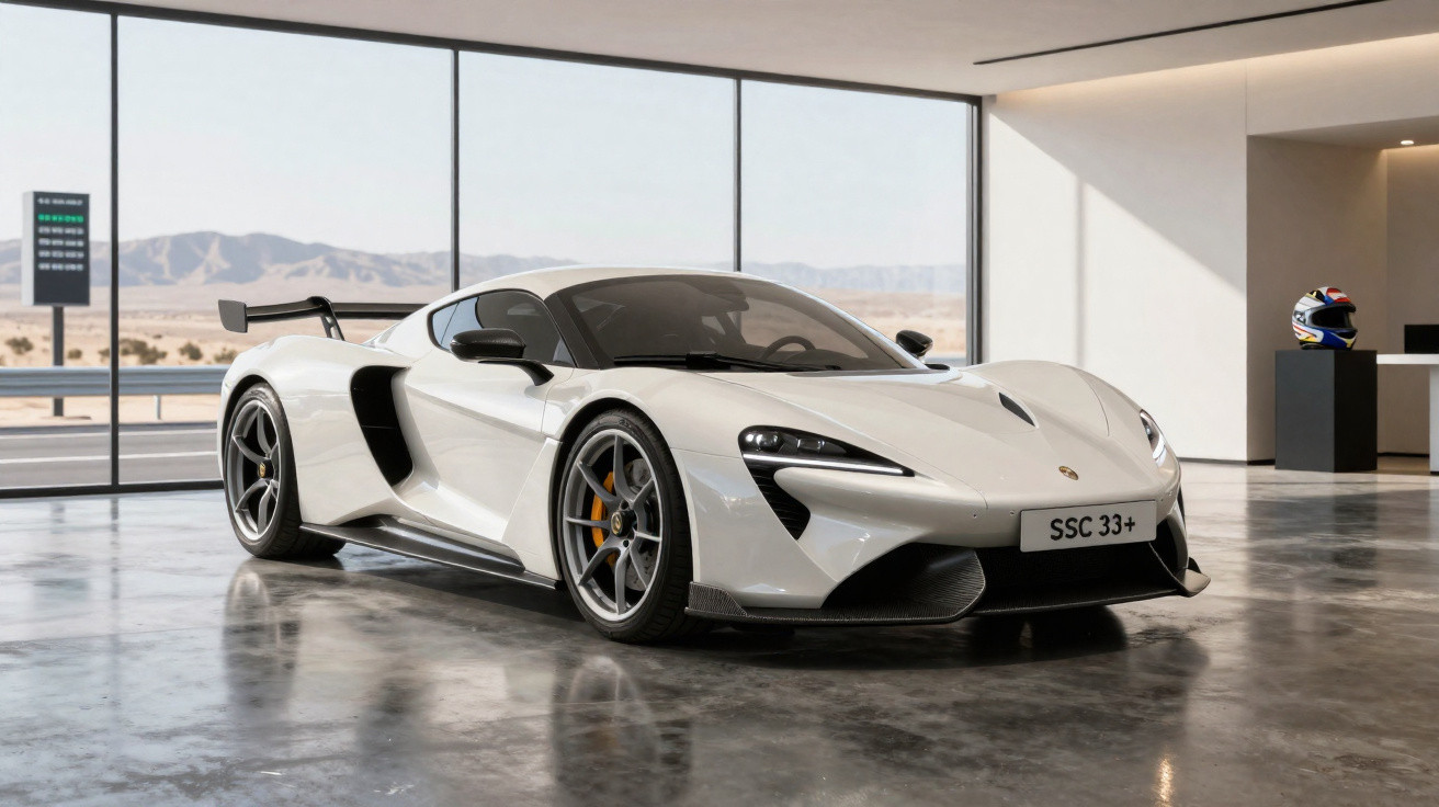 Weißer Supersportwagen mit Heckspoiler in moderner Garage vor großen Fenstern und Wüstenlandschaft.