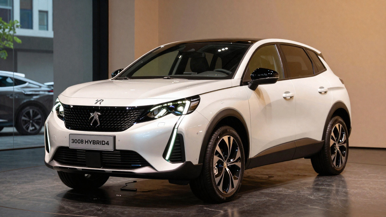Weißer Peugeot 3008 Hybrid4 SUV in Innenraum mit modernen Scheinwerfern und schwarzem Dach.