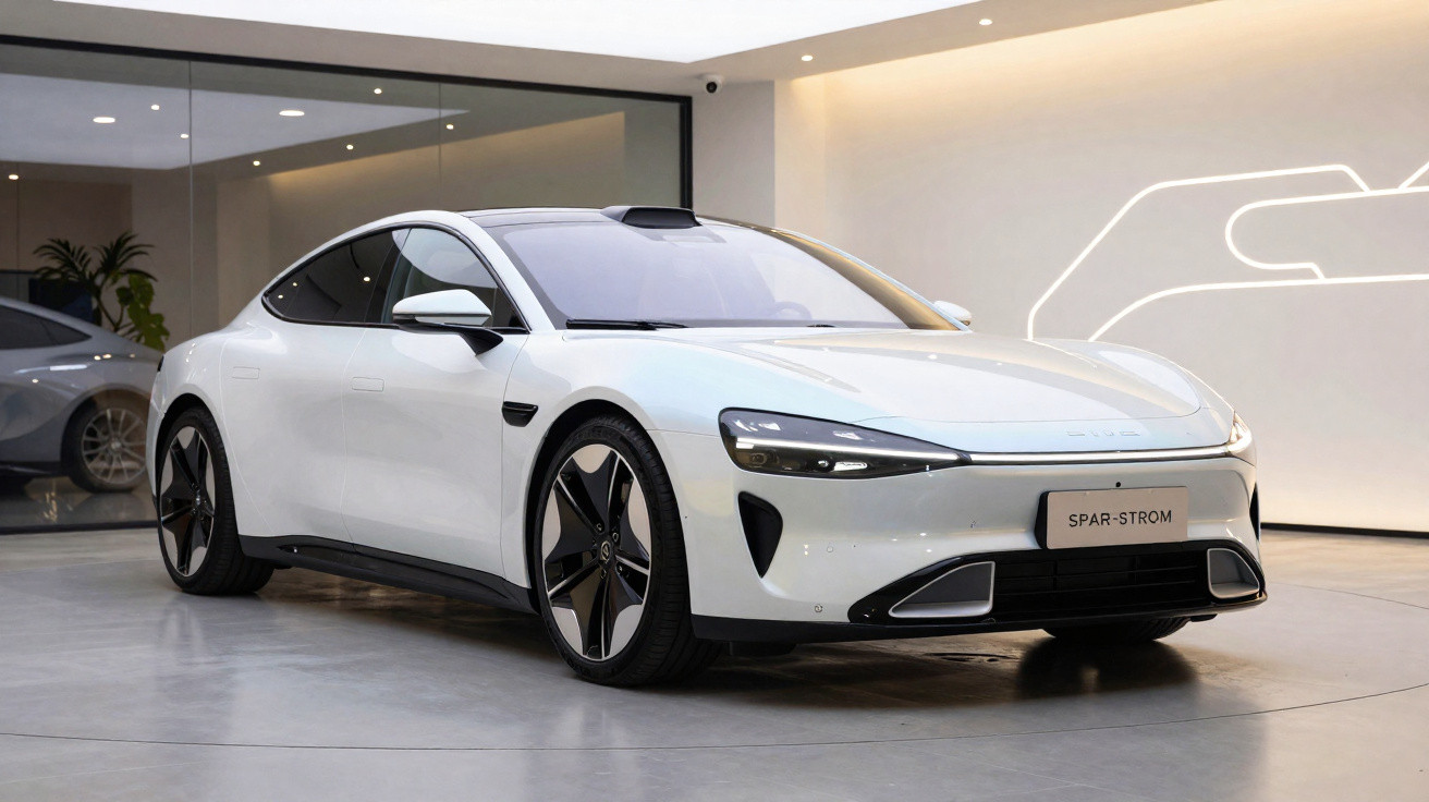 Weißes, modernes Elektroauto in einem stilvollen, hell beleuchteten Ausstellungsraum.