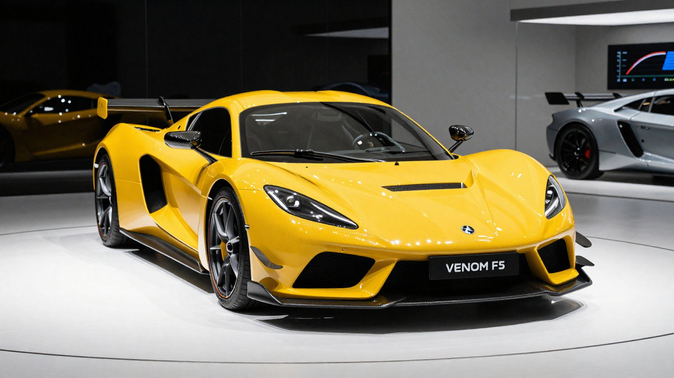 Gelber Venom F5 Supersportwagen auf einer hell beleuchteten Messeplattform, moderner Showroom.