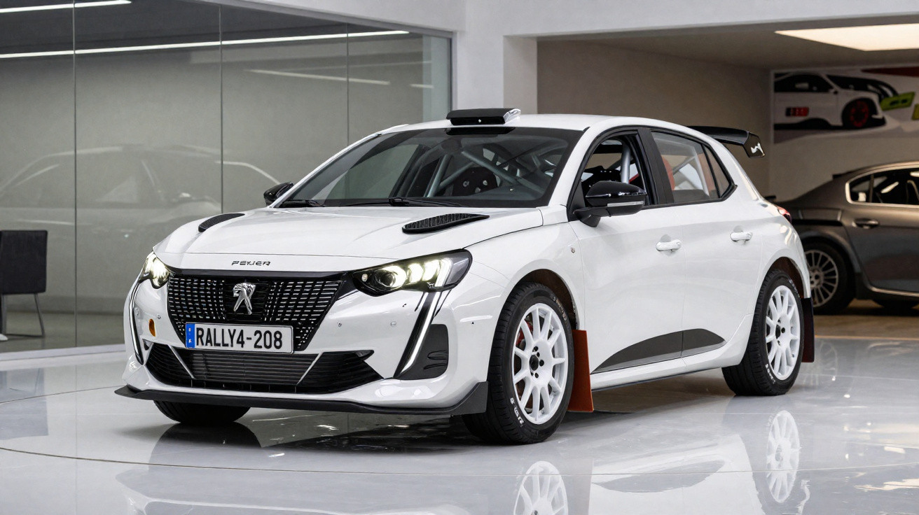 Weißer Peugeot 208 mit Rallye-Umbau in moderner Garage, Front- und Seitenansicht sichtbar.