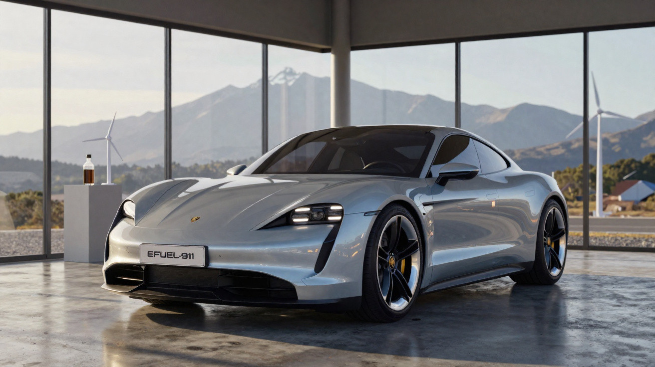 Silberner Porsche 911 E-Fuel im modernen Glasgebäude mit Berglandschaft und Windrädern im Hintergrund.