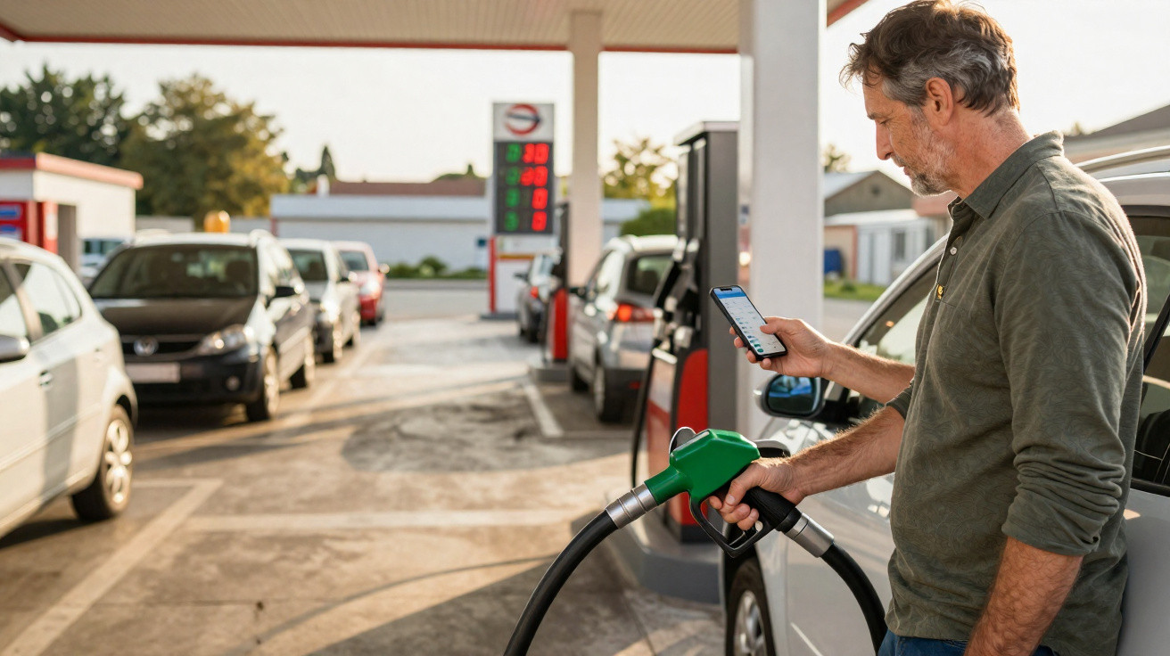 Mann tankt Auto an Tankstelle und überprüft währenddessen sein Smartphone bei Tageslicht.