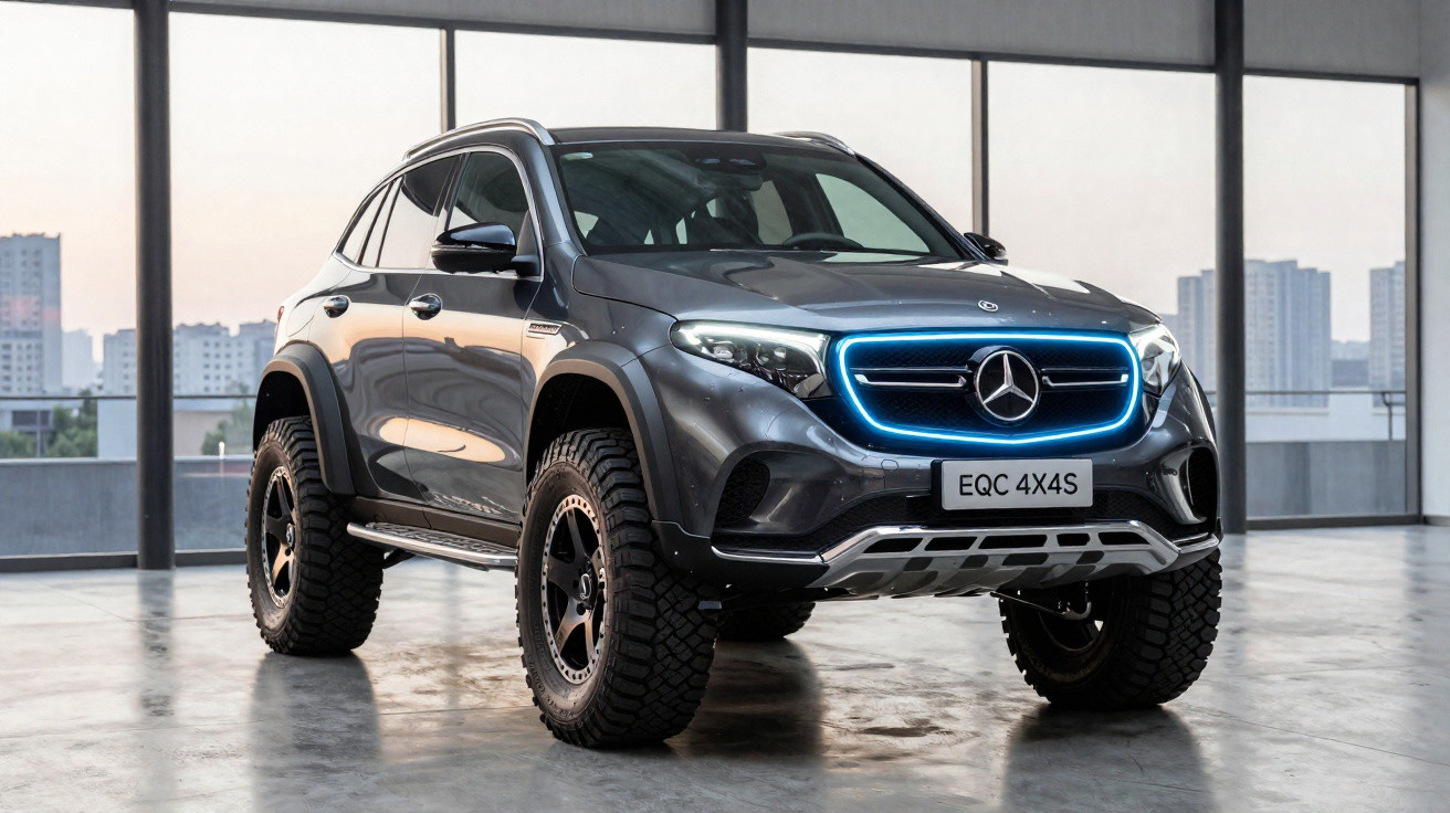 Grauer Mercedes EQC 4X4S SUV mit Offroad-Reifen und leuchtendem Frontgrill in moderner Halle.