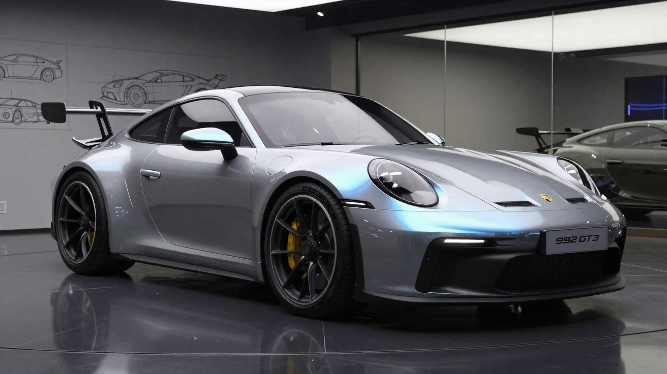Silberner Porsche 992 GT3 Sportwagen in einem modernen Ausstellungsraum mit Spiegeln und Fahrzeugskizzen an der Wand.
