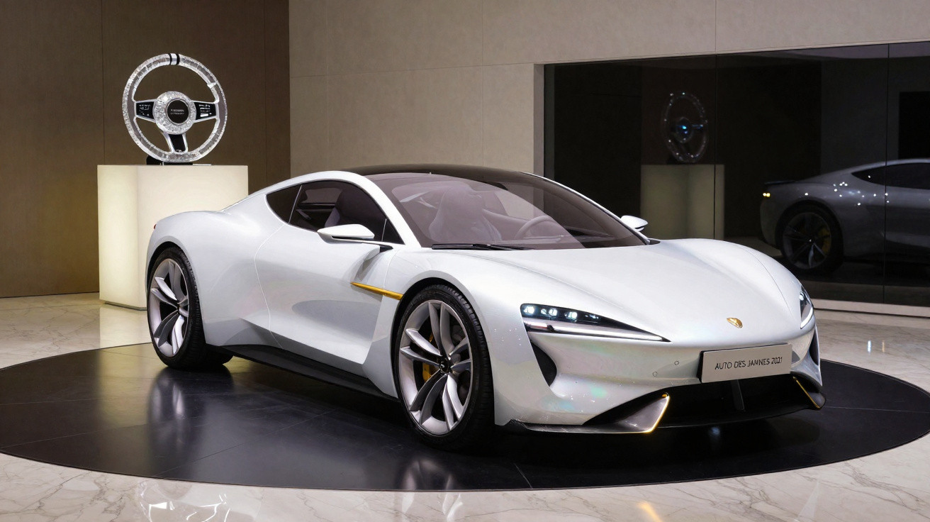 Weißer Sportwagen in futuristischem Design auf dunklem Podest in moderner Ausstellungshalle.