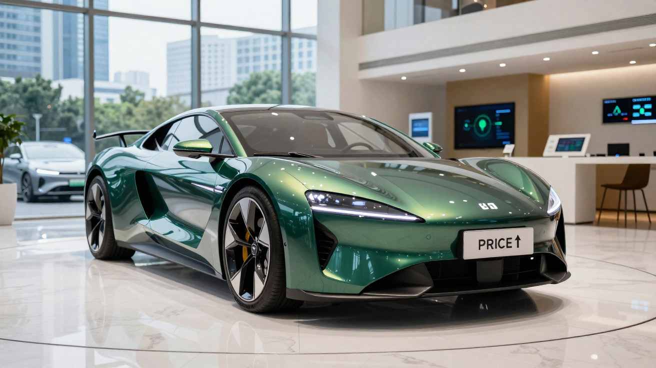 Grüner Sportwagen mit LED-Scheinwerfern in einem modernen Autohaus mit großen Fenstern und Stadtblick.