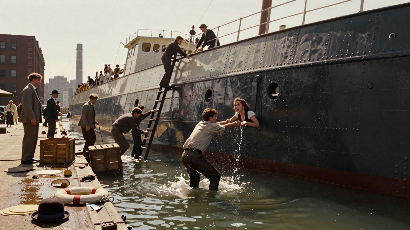 Menschen helfen auf einem Hafensteg einem Mann aus dem Wasser an Bord eines großen schwarzen Schiffes.