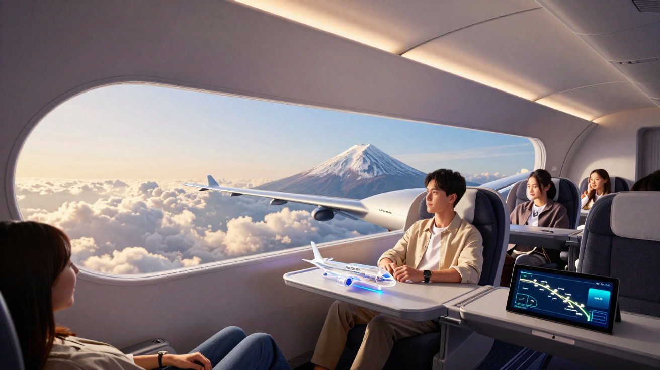 Passagiere im futuristischen Flugzeug mit großem Fenster und Blick auf schneebedeckten Berg über Wolken.