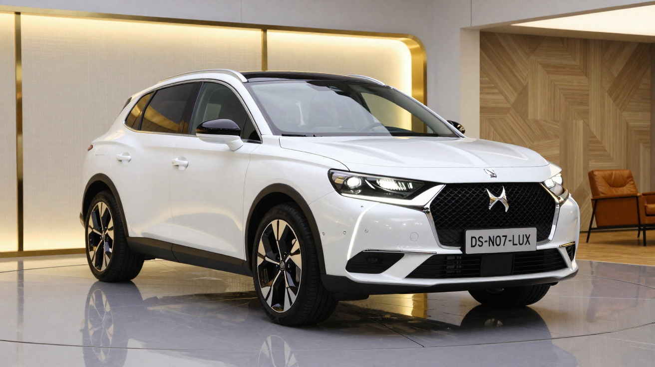 Weißer DS 7 Crossback SUV mit poliertem schwarzem Grill und schwarzem Akzent in modernem Showroom.